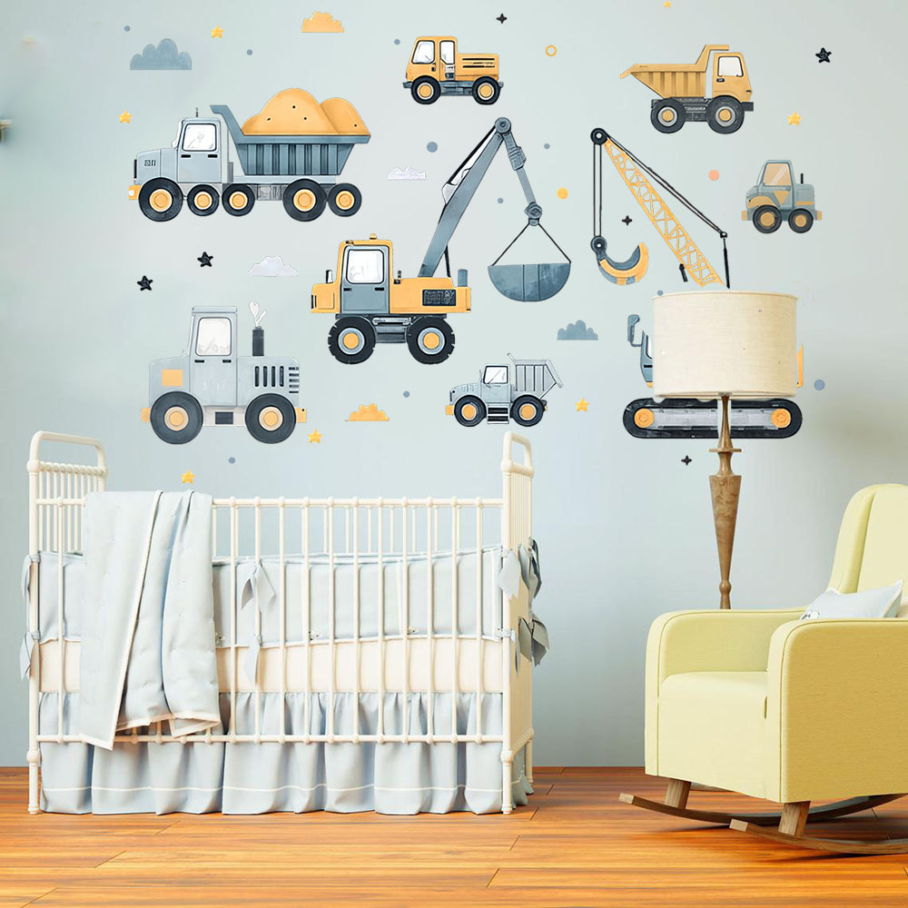 Baby Nursery Wall Mural - Zestaw naklejek ściennych z kreskówkowymi koparkami,