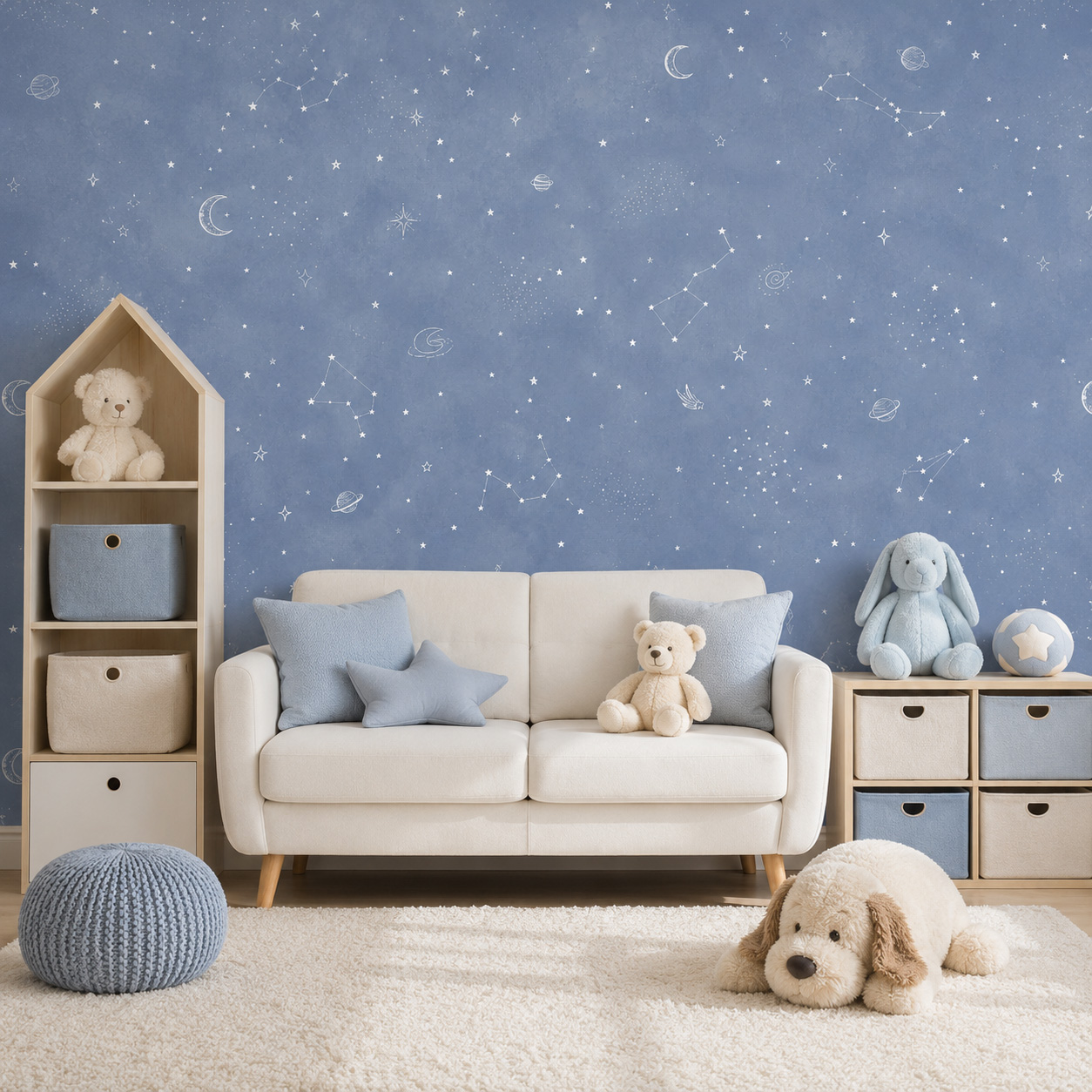Baby Nursery Mural Wallpaper - Niebieska tapeta samoprzylepna z motywem gwieździstego