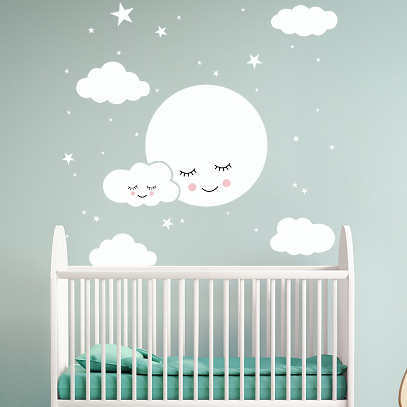 Baby Nursery Mural Wallpaper - Biała kreskówka uśmiechnięta chmura gwiazdy naklejka