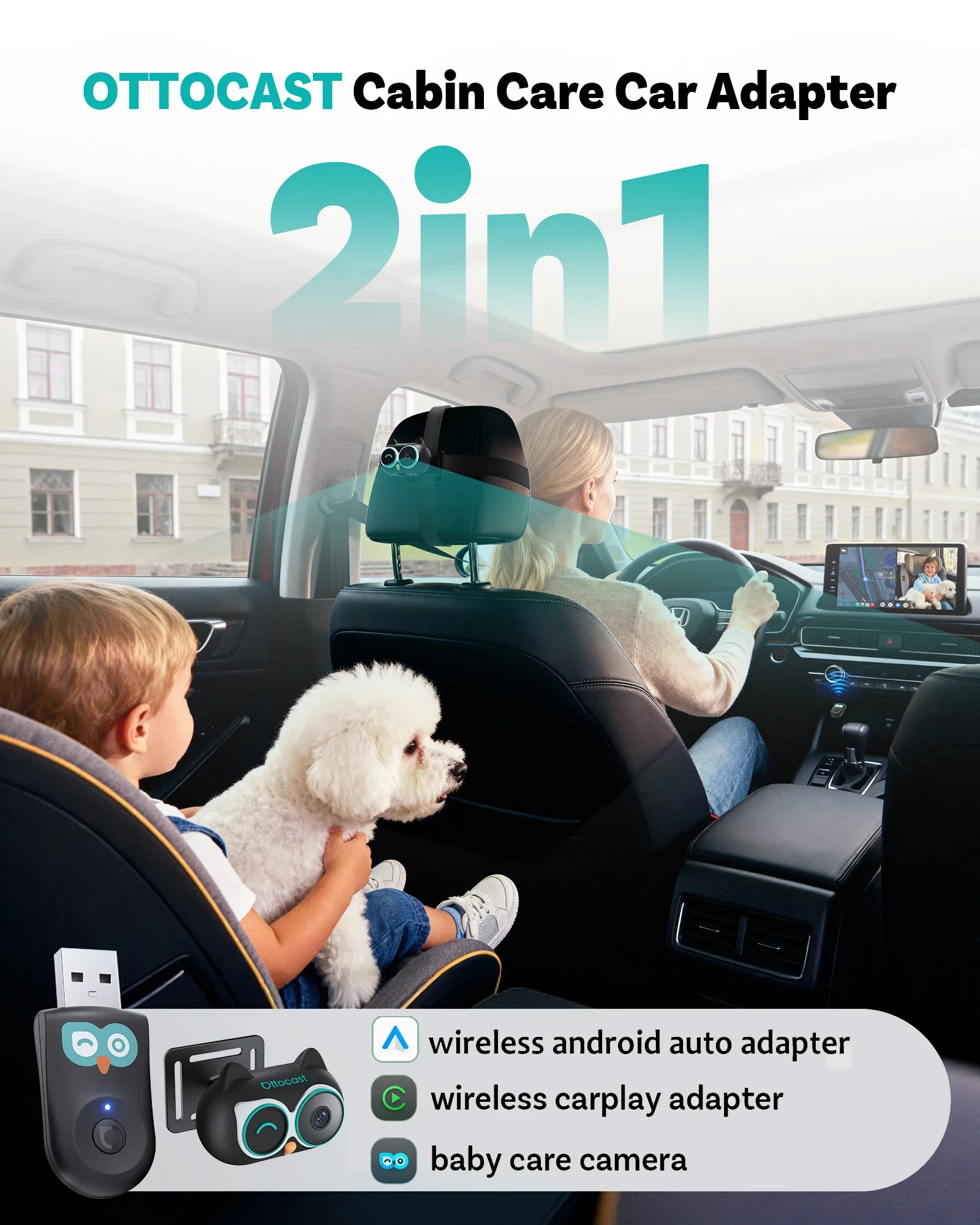 Baby Monitor Split Screen - Adapter bezprzewodowy OTTOCAST Cabin Care CarPlay