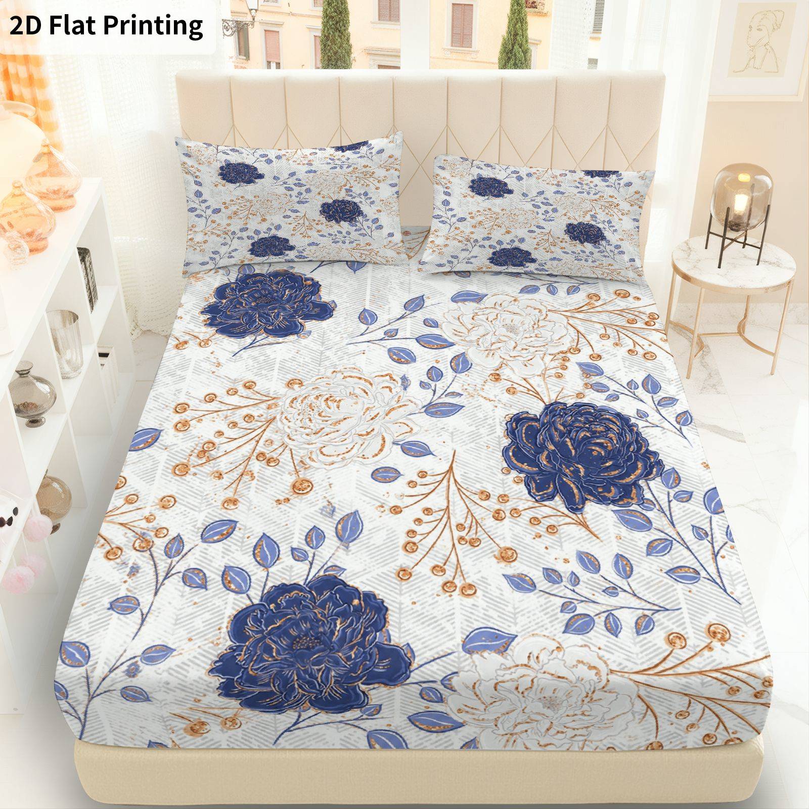 Baby Nursery Sets - Trzyczęściowy niebieski zestaw pościeli w kwiaty,