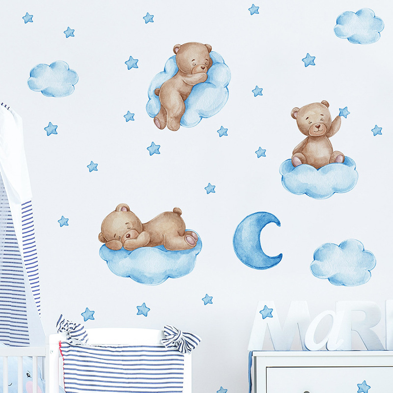 Baby Nursery Wallpaper Girl - Niebieskie naklejki ścienne z misiem i