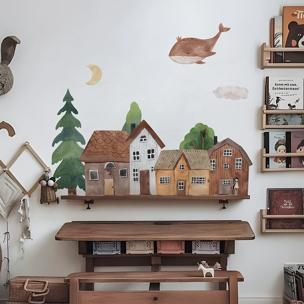 Wall Decal Nursery - Tkanina Cartoon Forest Vintage Town Wall