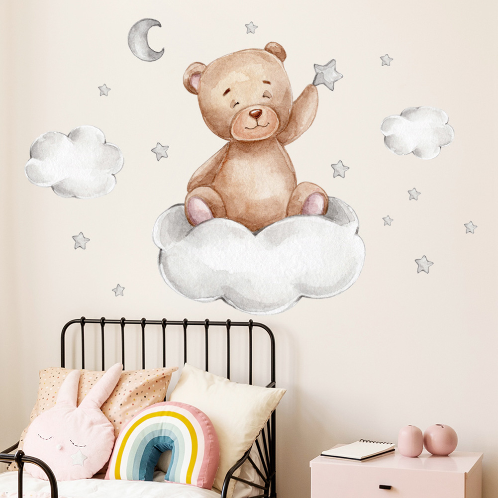 Baby Nursery Mural Wallpaper - Naklejki ścienne Niedźwiedź Księżyc Chmury Gwiazdy